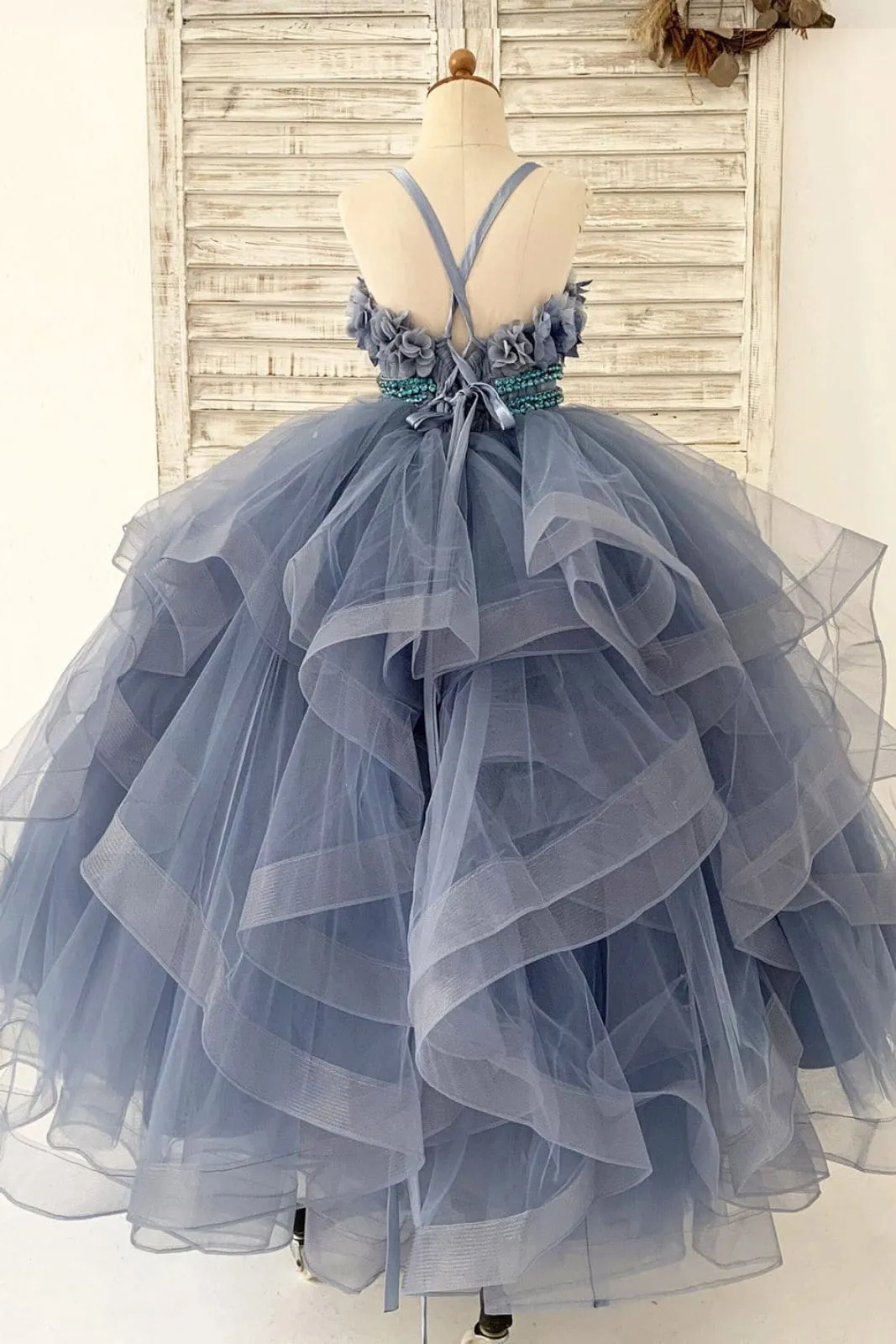 Beaded Dusty Blue Polka Dots Tulle Straps Wedding Flower Girl Dress Kids Party Dress