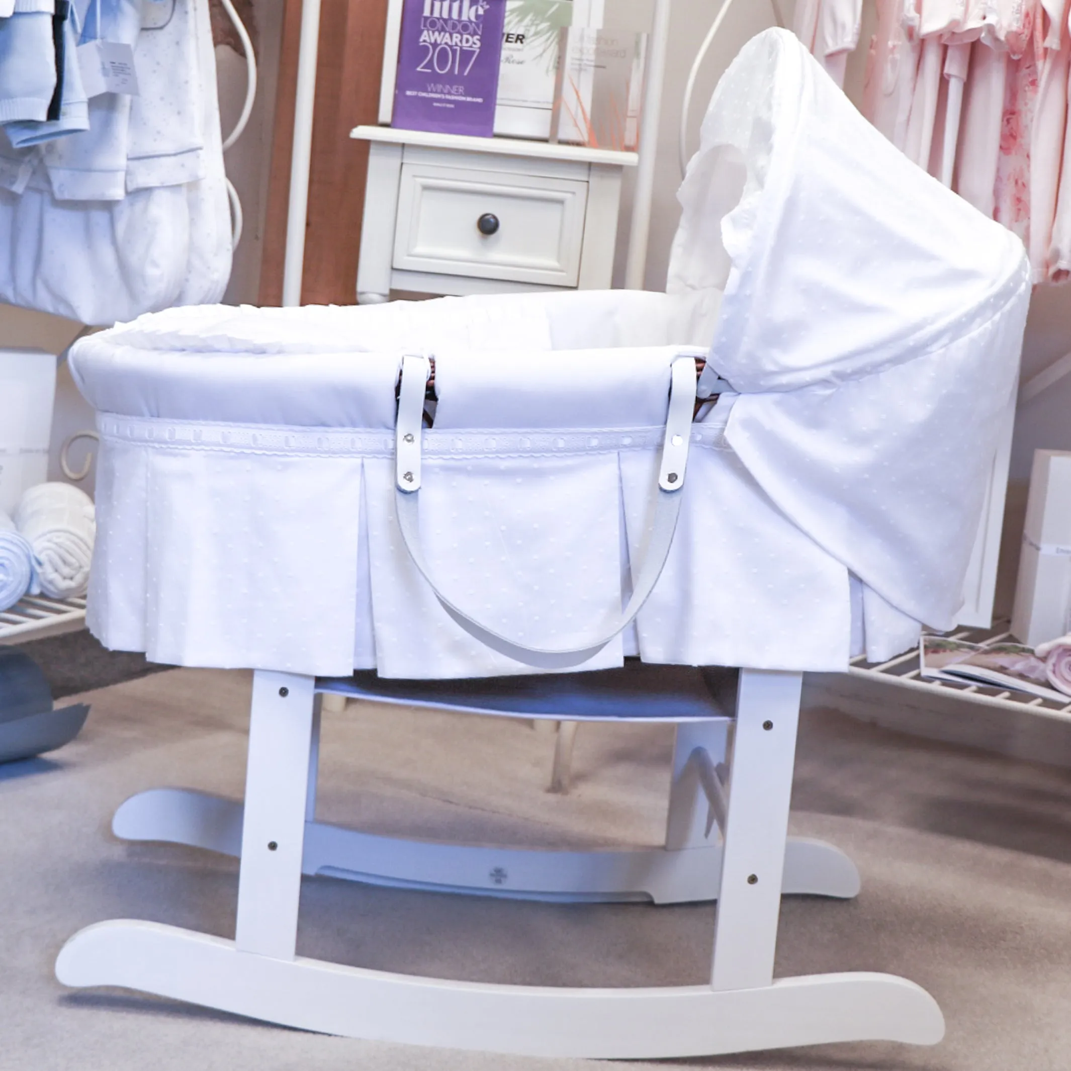 Beautiful Moses Basket with Box Pleats & Mattress
