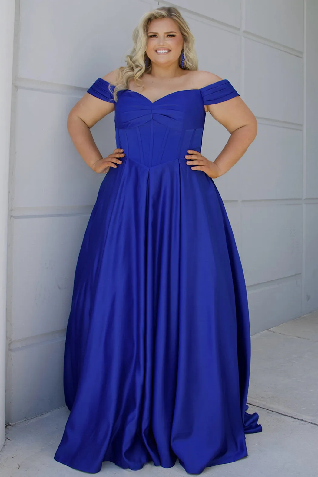 Belle of the Ball Satin Off-the-Shoulder Formal Dress