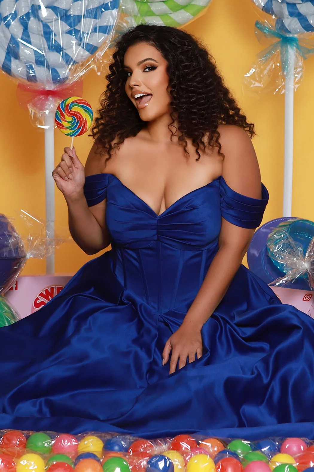 Belle of the Ball Satin Off-the-Shoulder Formal Dress