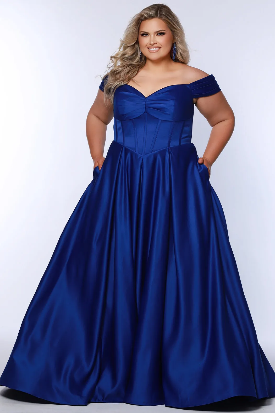 Belle of the Ball Satin Off-the-Shoulder Formal Dress