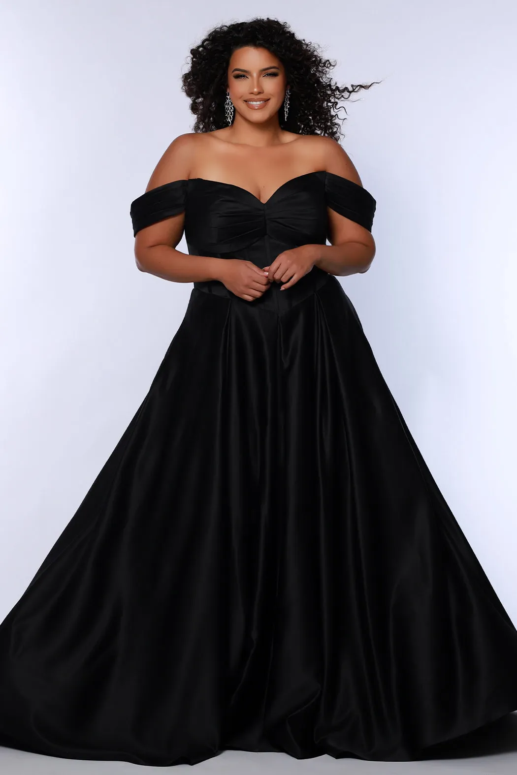 Belle of the Ball Satin Off-the-Shoulder Formal Dress