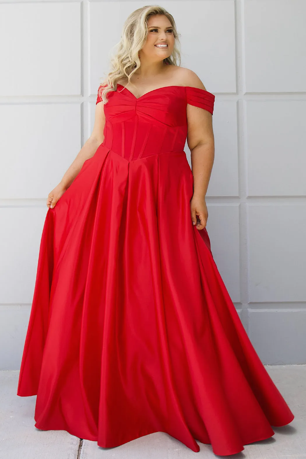 Belle of the Ball Satin Off-the-Shoulder Formal Dress