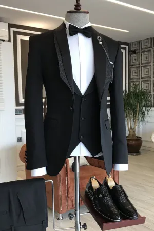 Bespoke 3-pieces Black Shawl Lapel One Button Wedding Tuxedos