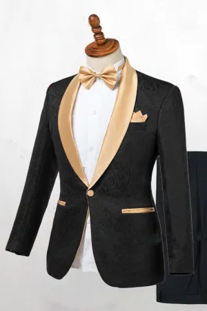 Bespoke Black One Button Wedding Men Suits with Gold Lapel