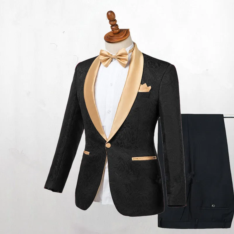 Bespoke Black One Button Wedding Men Suits with Gold Lapel