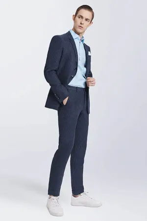 Bespoke Dark Navy Mens Casual Suits Stripes Patch Pockets Daily Men Suits