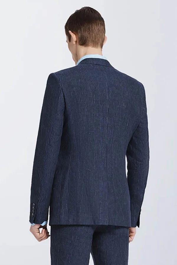 Bespoke Dark Navy Mens Casual Suits Stripes Patch Pockets Daily Men Suits