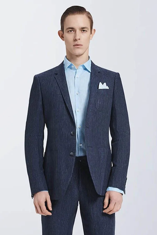 Bespoke Dark Navy Mens Casual Suits Stripes Patch Pockets Daily Men Suits