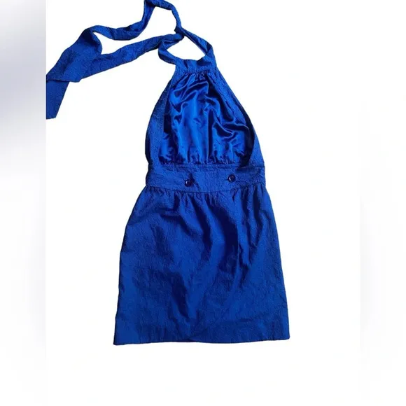 Betsey Johnson Blue Eyelet Halter Backless Mini Cocktail Garden Wrap Dress Sz 10
