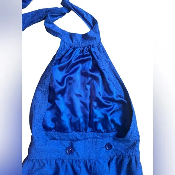 Betsey Johnson Blue Eyelet Halter Backless Mini Cocktail Garden Wrap Dress Sz 10
