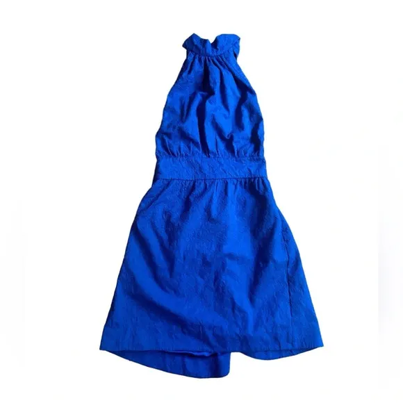 Betsey Johnson Blue Eyelet Halter Backless Mini Cocktail Garden Wrap Dress Sz 10