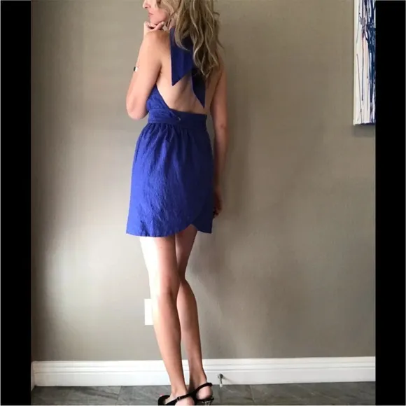 Betsey Johnson Blue Eyelet Halter Backless Mini Cocktail Garden Wrap Dress Sz 10