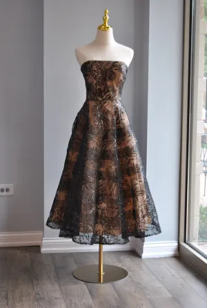BLACK AND BEIGE SEQUIN MIDI FIT AND FLAIR COCKTAIL DRESS
