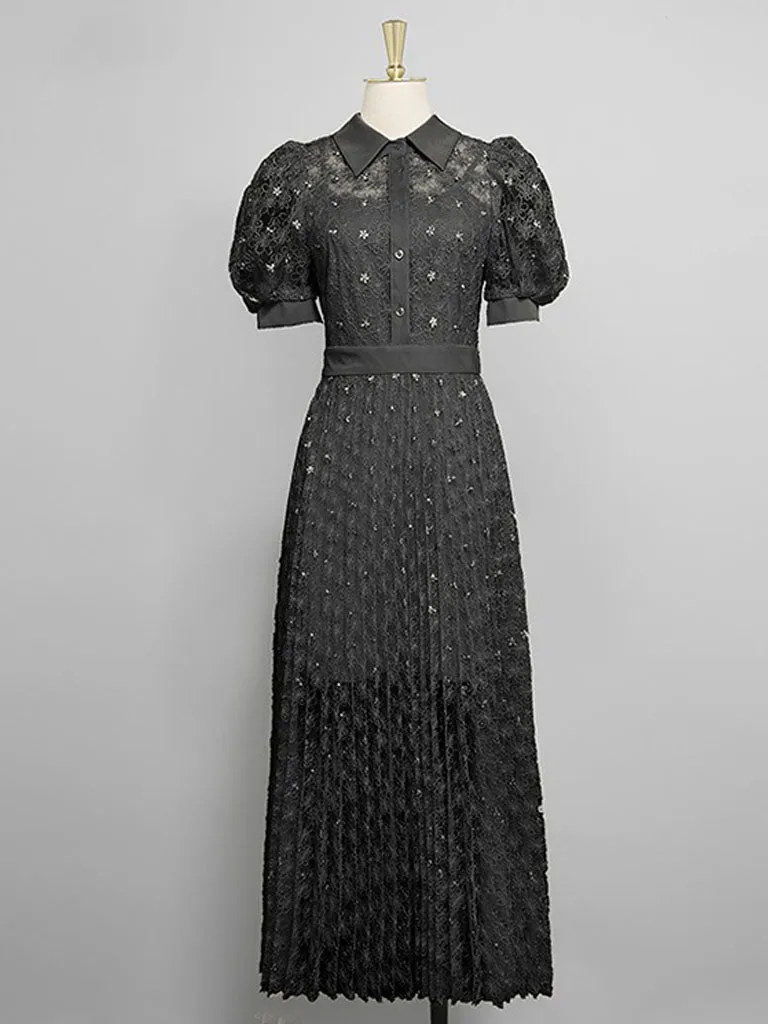 Black Bellflower Embroidered Design Long Lace Pleated Dress