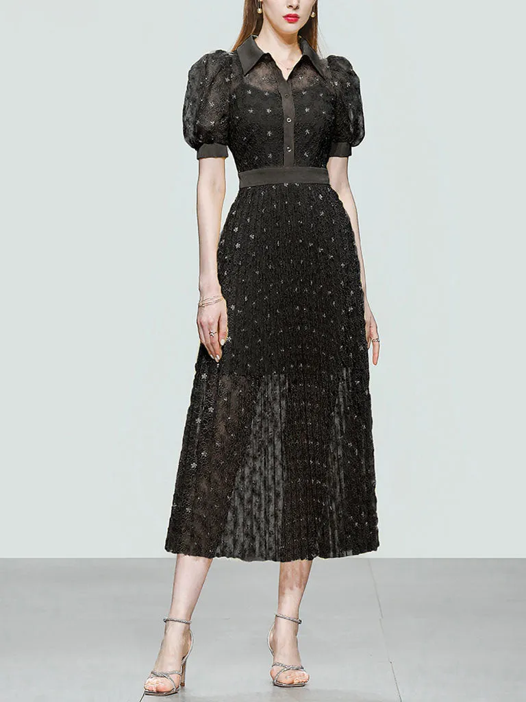 Black Bellflower Embroidered Design Long Lace Pleated Dress