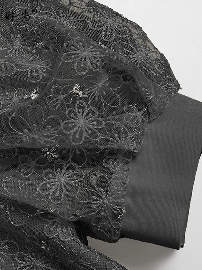 Black Bellflower Embroidered Design Long Lace Pleated Dress