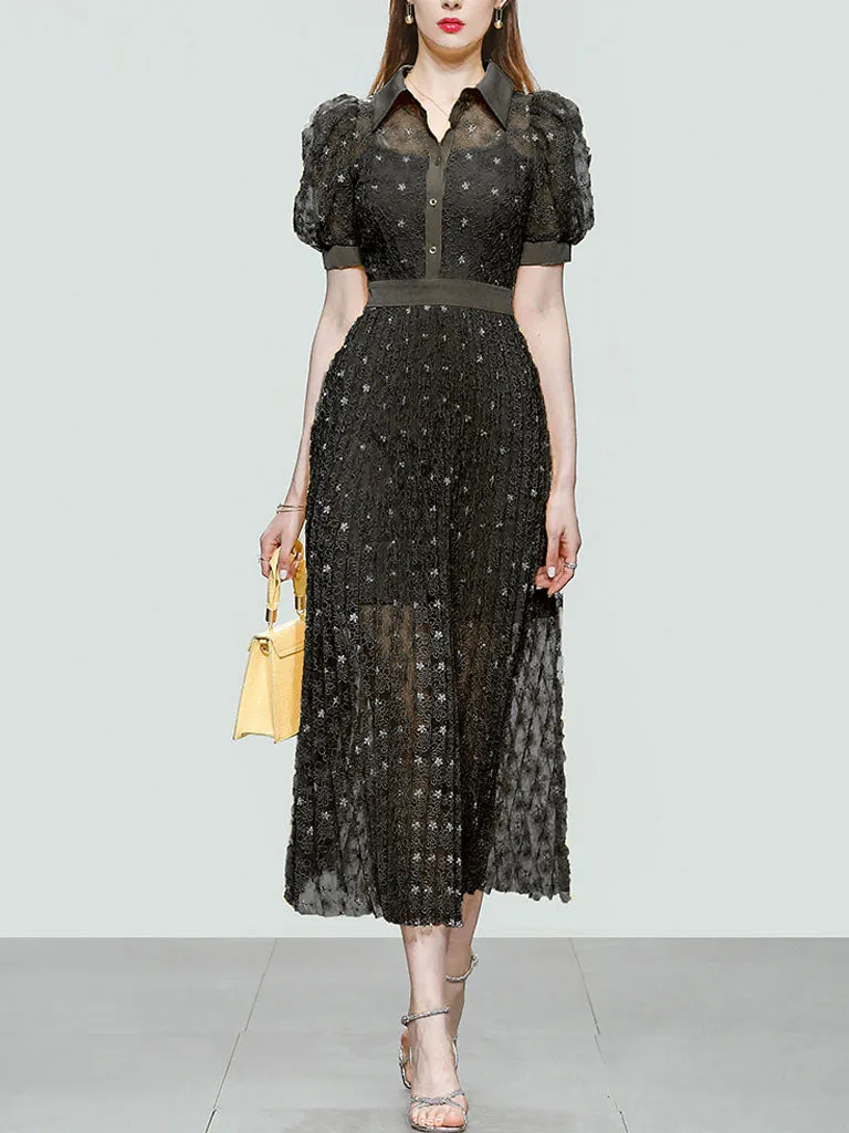 Black Bellflower Embroidered Design Long Lace Pleated Dress