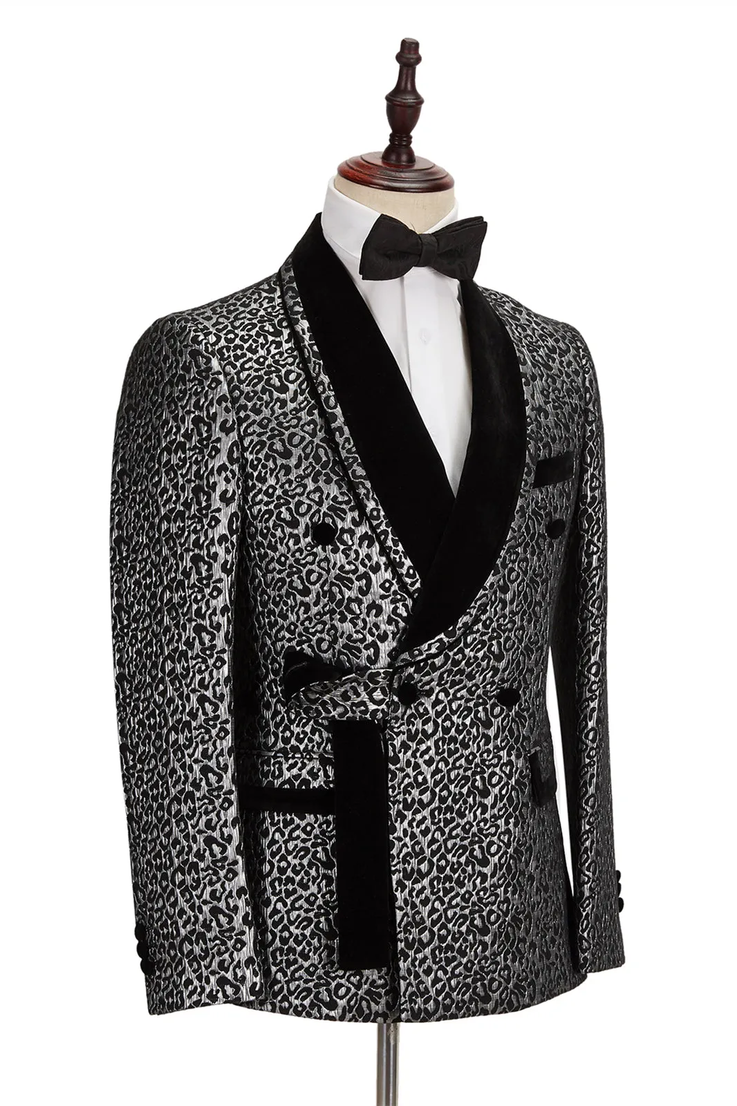 Black Classy Silver Leopard Jacquard Men's Suit Shawl Lapel Double Breasted Wedding Suit for Formal