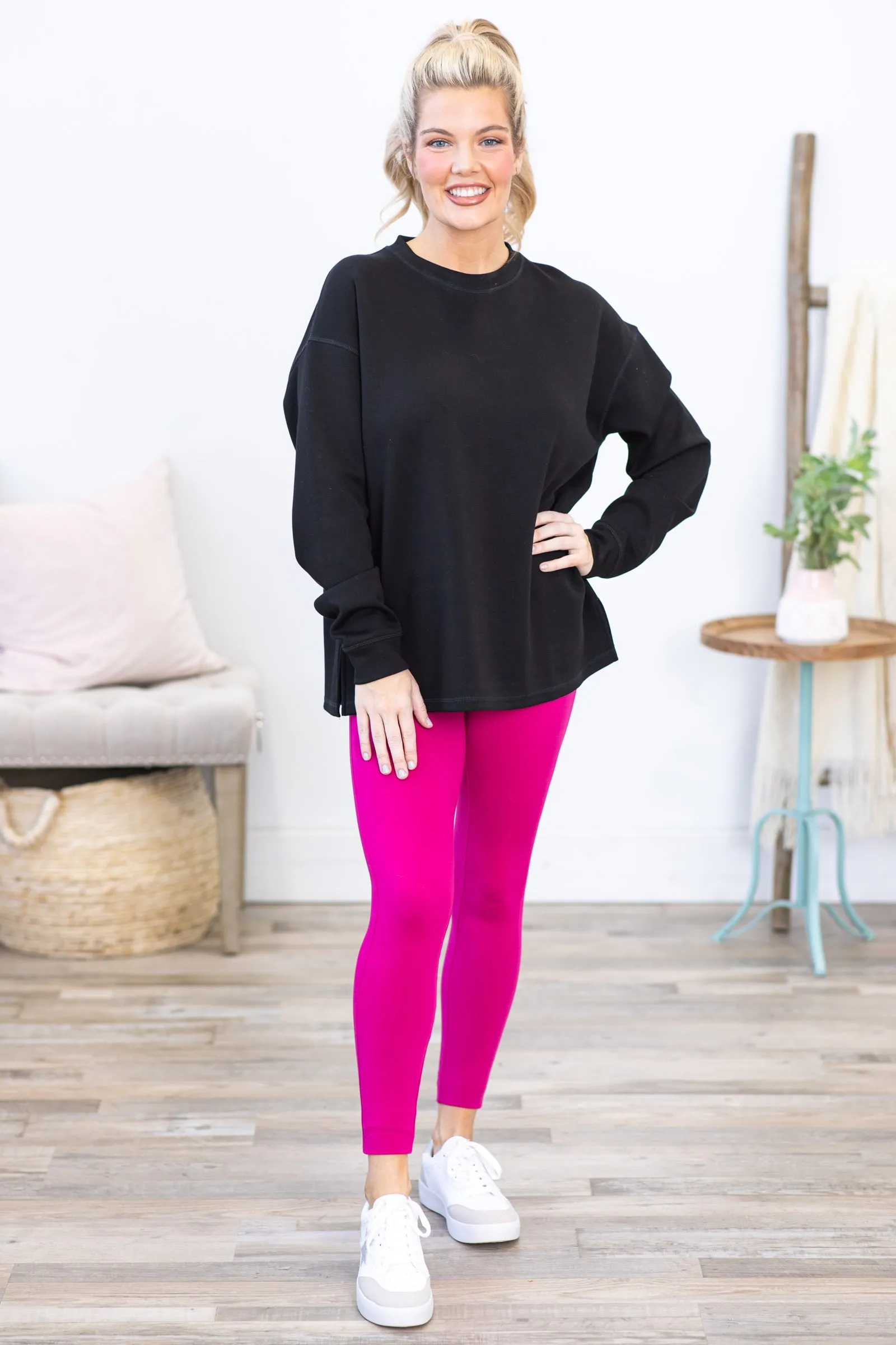 Black Elevated Oversized Crewneck Knit Top