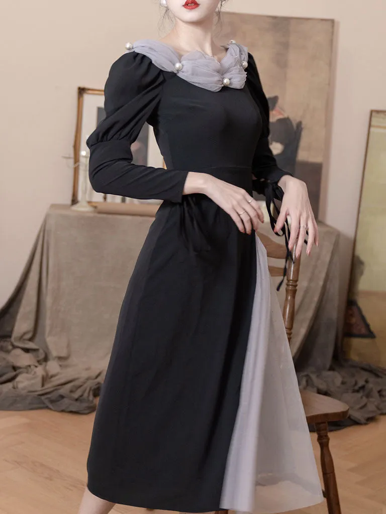 Black Empire Style Long Sleeve With Pearl Vintage Dress For Women