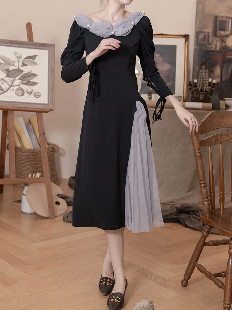 Black Empire Style Long Sleeve With Pearl Vintage Dress For Women