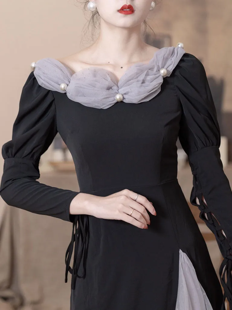 Black Empire Style Long Sleeve With Pearl Vintage Dress For Women