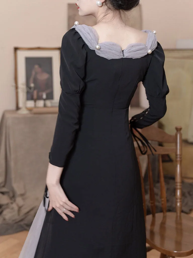 Black Empire Style Long Sleeve With Pearl Vintage Dress For Women