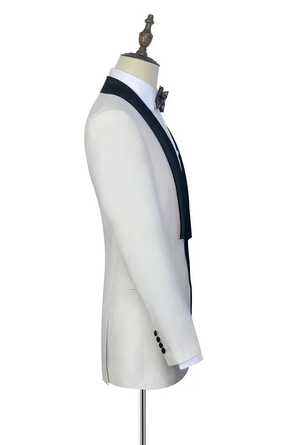 Black Knife Collar Classic White Wedding Suits for Men One Button Wedding Tuxedos