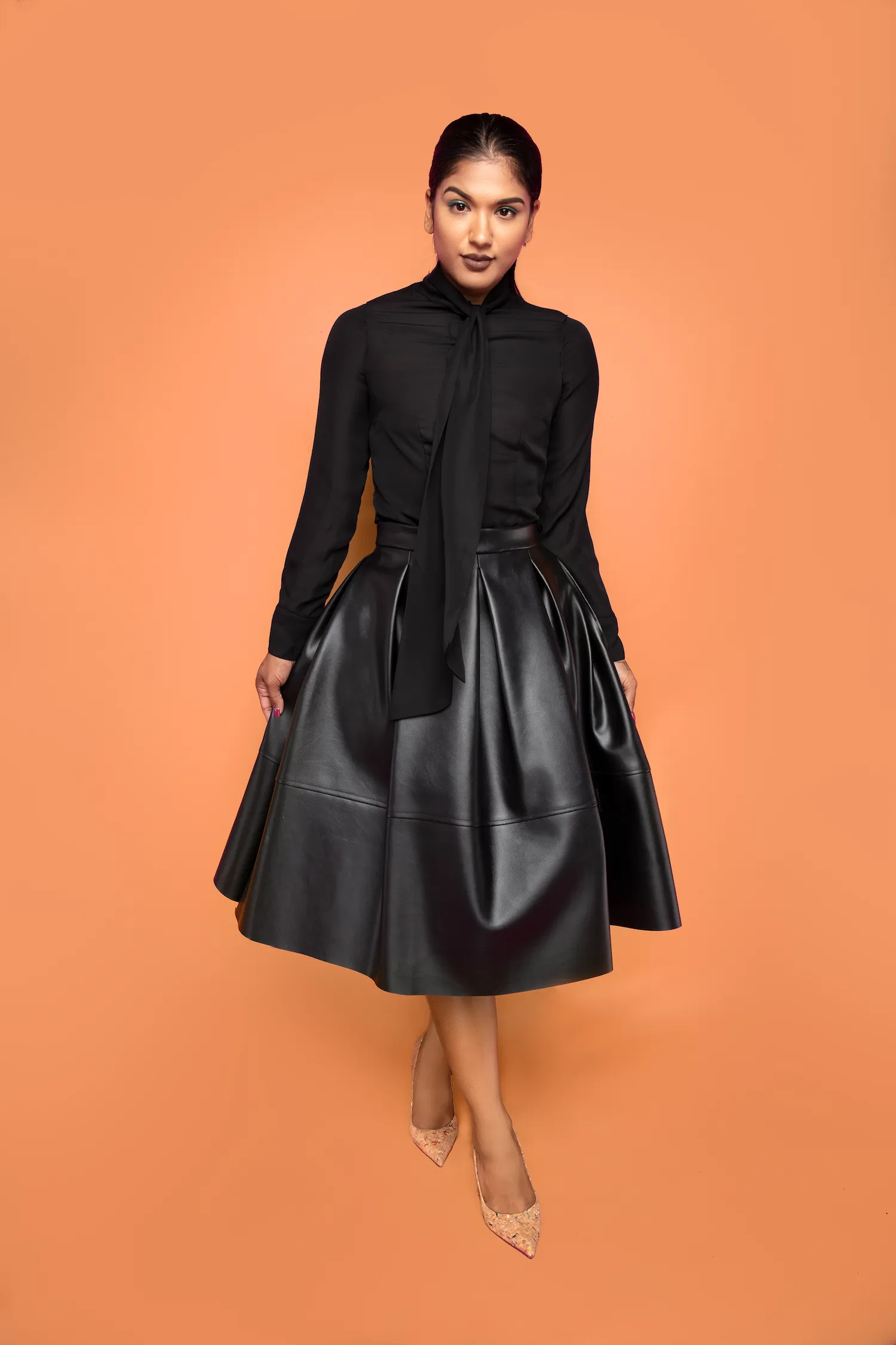 Black Leather Pleated Skirt
