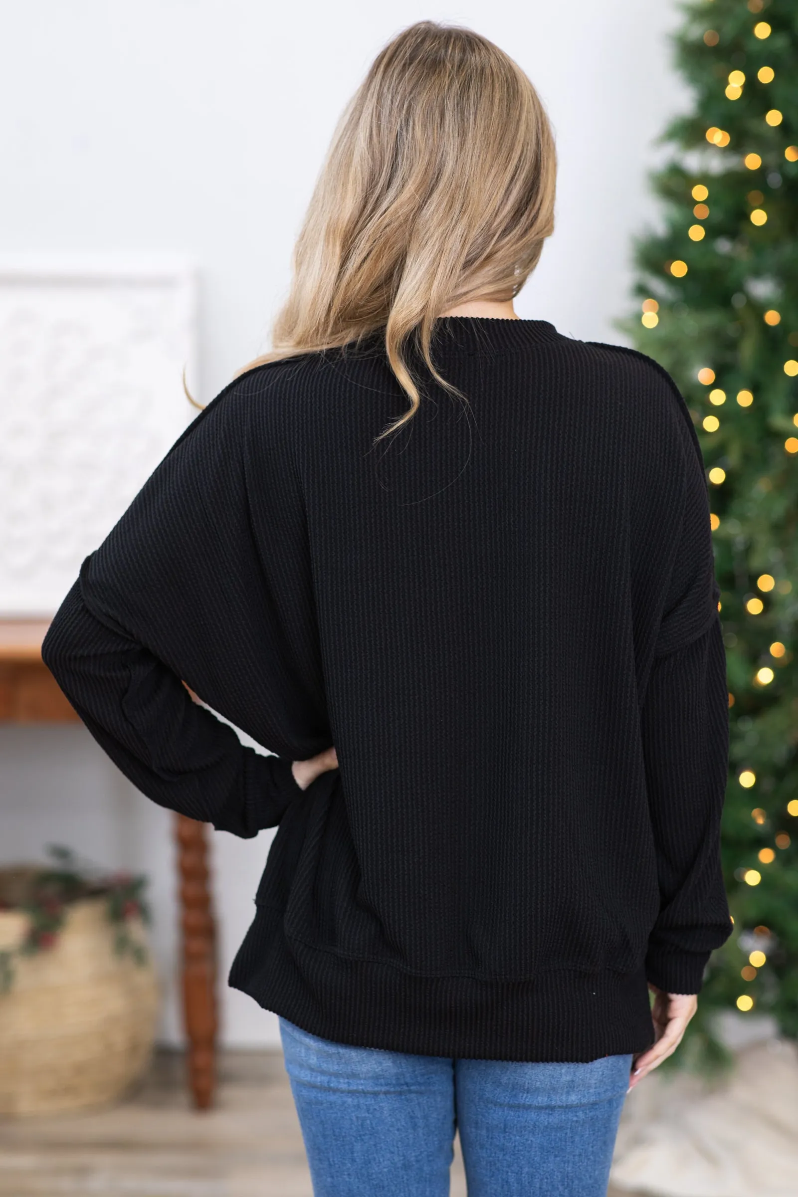 Black Ribbed Crewneck Top