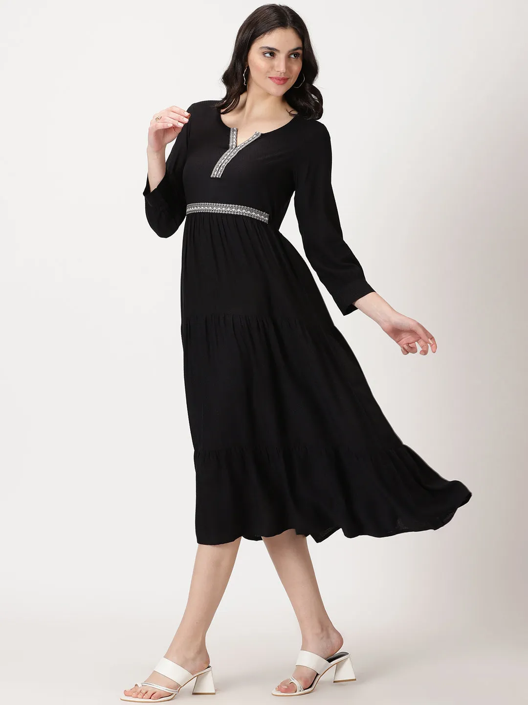 Black Self Design Tiered Midi Dress with Waist Tie-up