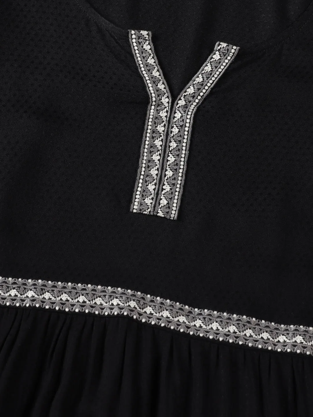 Black Self Design Tiered Midi Dress with Waist Tie-up