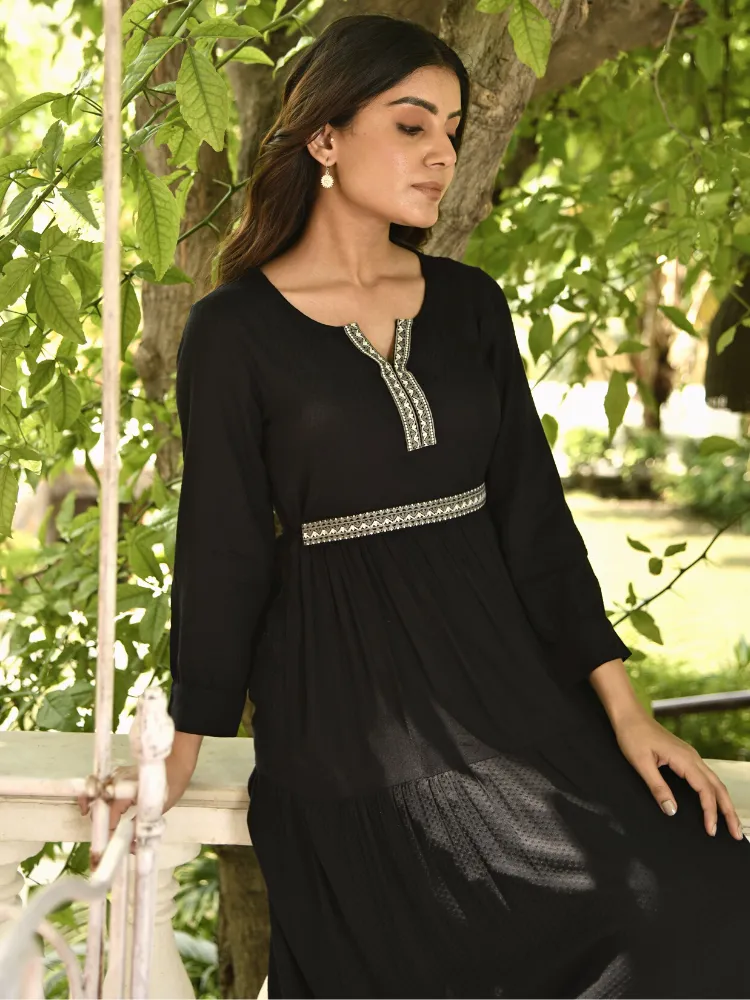 Black Self Design Tiered Midi Dress with Waist Tie-up