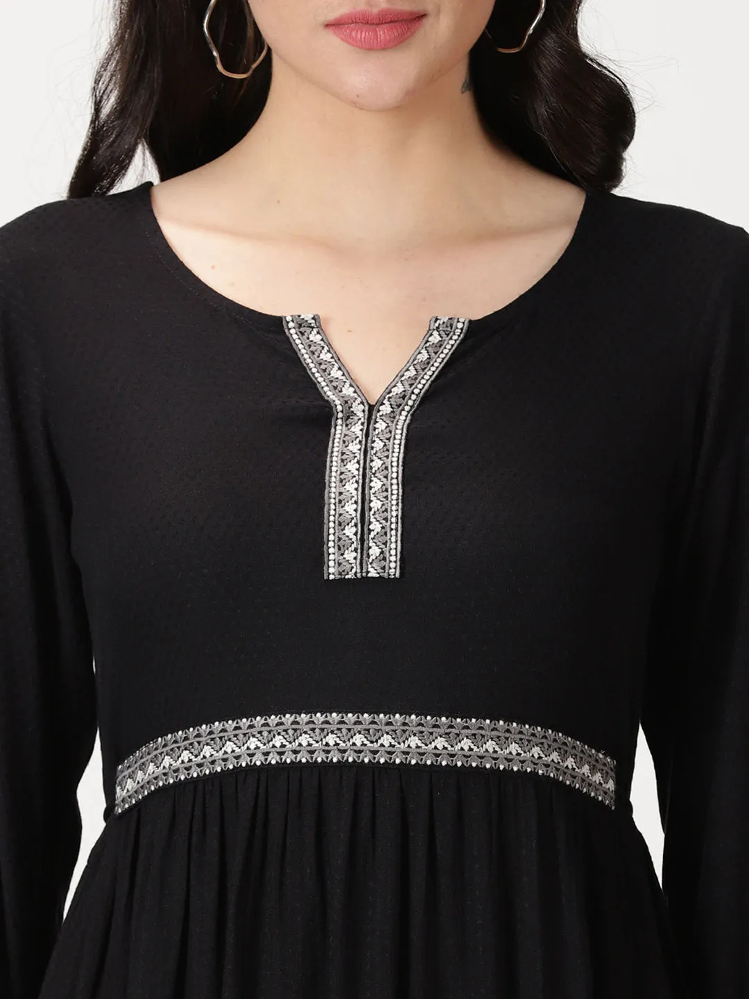 Black Self Design Tiered Midi Dress with Waist Tie-up