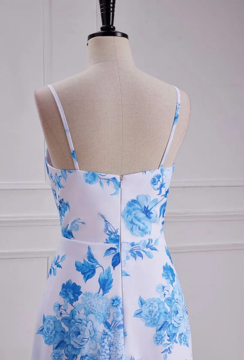 Blue Floral Print A Line Spaghetti Strap Dress Chiffon Prom Dress