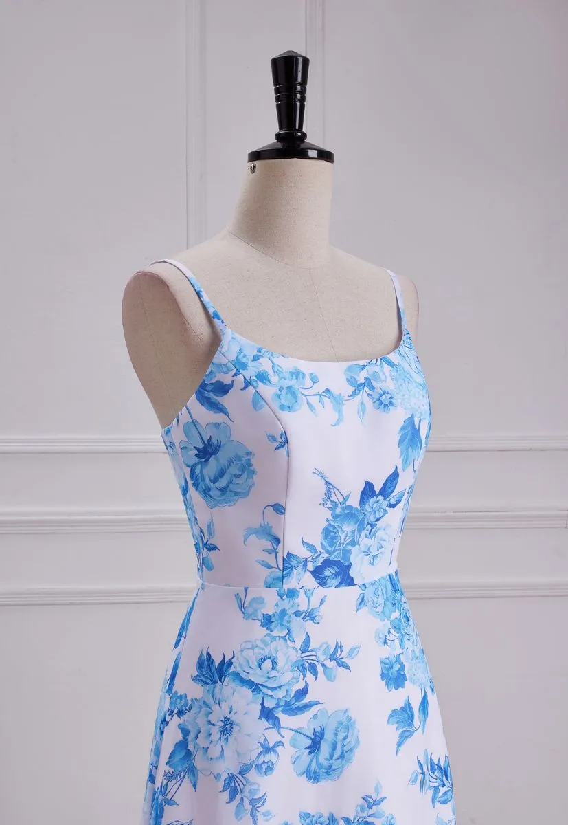 Blue Floral Print A Line Spaghetti Strap Dress Chiffon Prom Dress