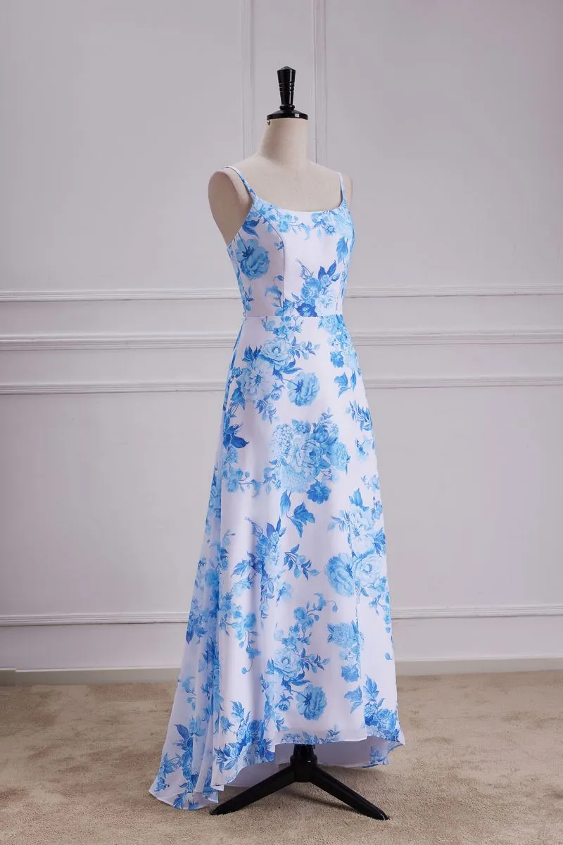 Blue Floral Print A Line Spaghetti Strap Dress Chiffon Prom Dress