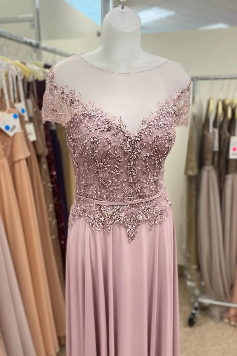 Blush Pink Illusion Neck Appliques Long Mother of the Bride Dress