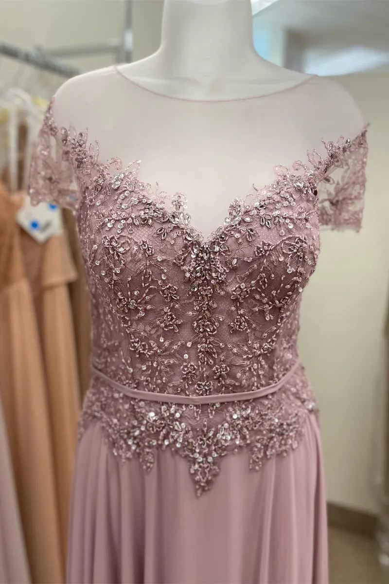 Blush Pink Illusion Neck Appliques Long Mother of the Bride Dress