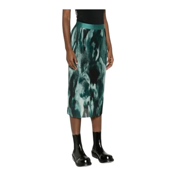 Boss Evibelle Pleated Skirt Elastic Waistband Green Abstract Print Size Medium
