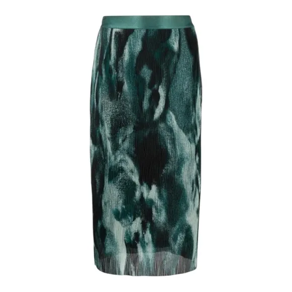 Boss Evibelle Pleated Skirt Elastic Waistband Green Abstract Print Size Medium