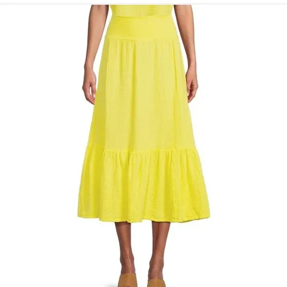 Bryn Walker Cotton Gauze A-Line Wide Waistband Ruffle Coordinating Midi Skirt