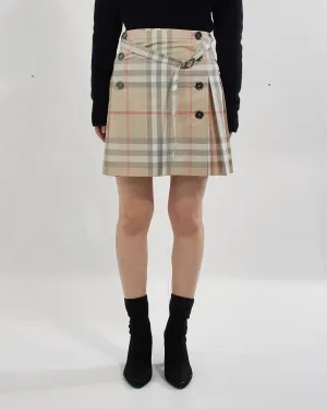 Burberry Light Beige Nova Check Print Pleated Skirt with Buttons - 12