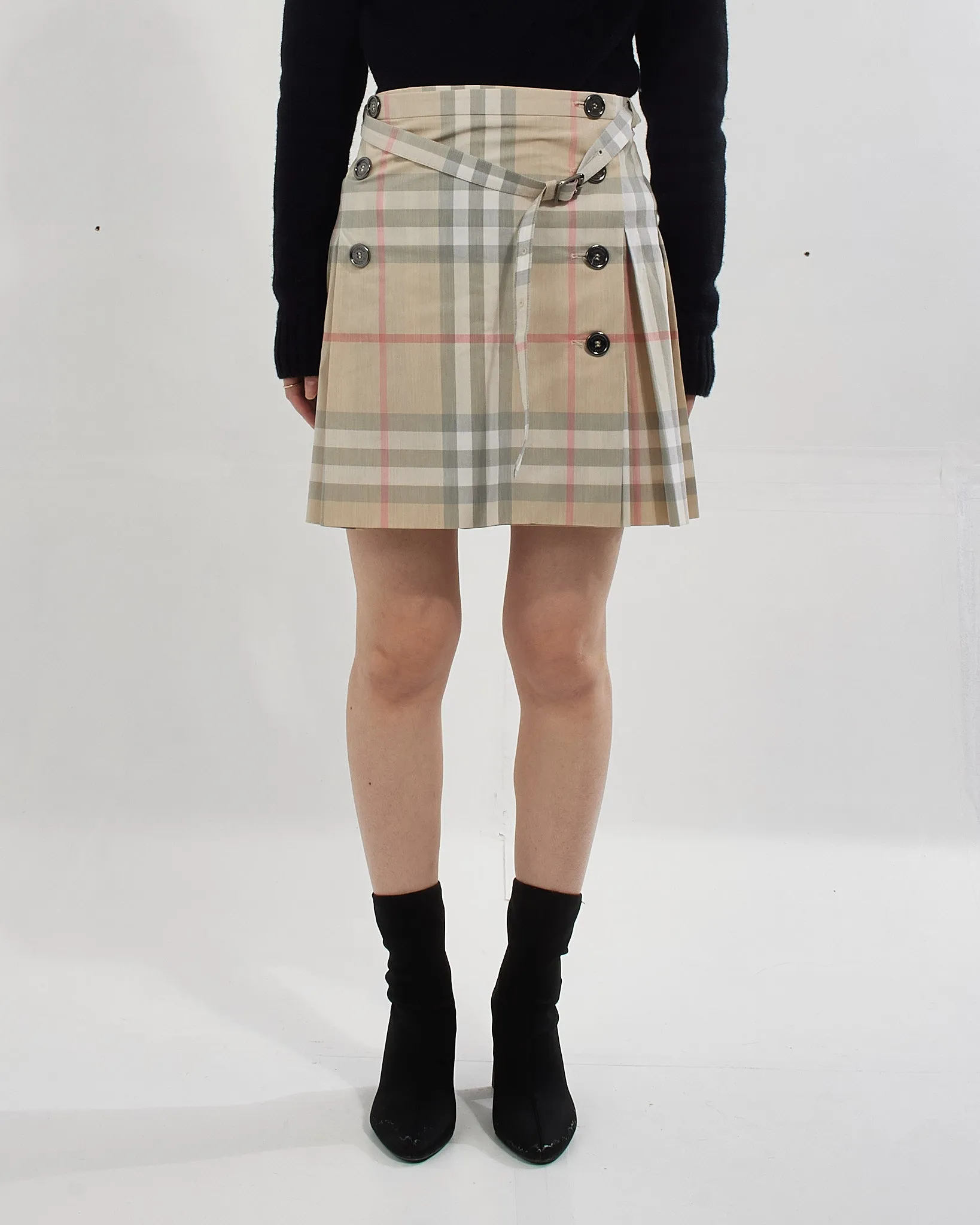 Burberry Light Beige Nova Check Print Pleated Skirt with Buttons - 12