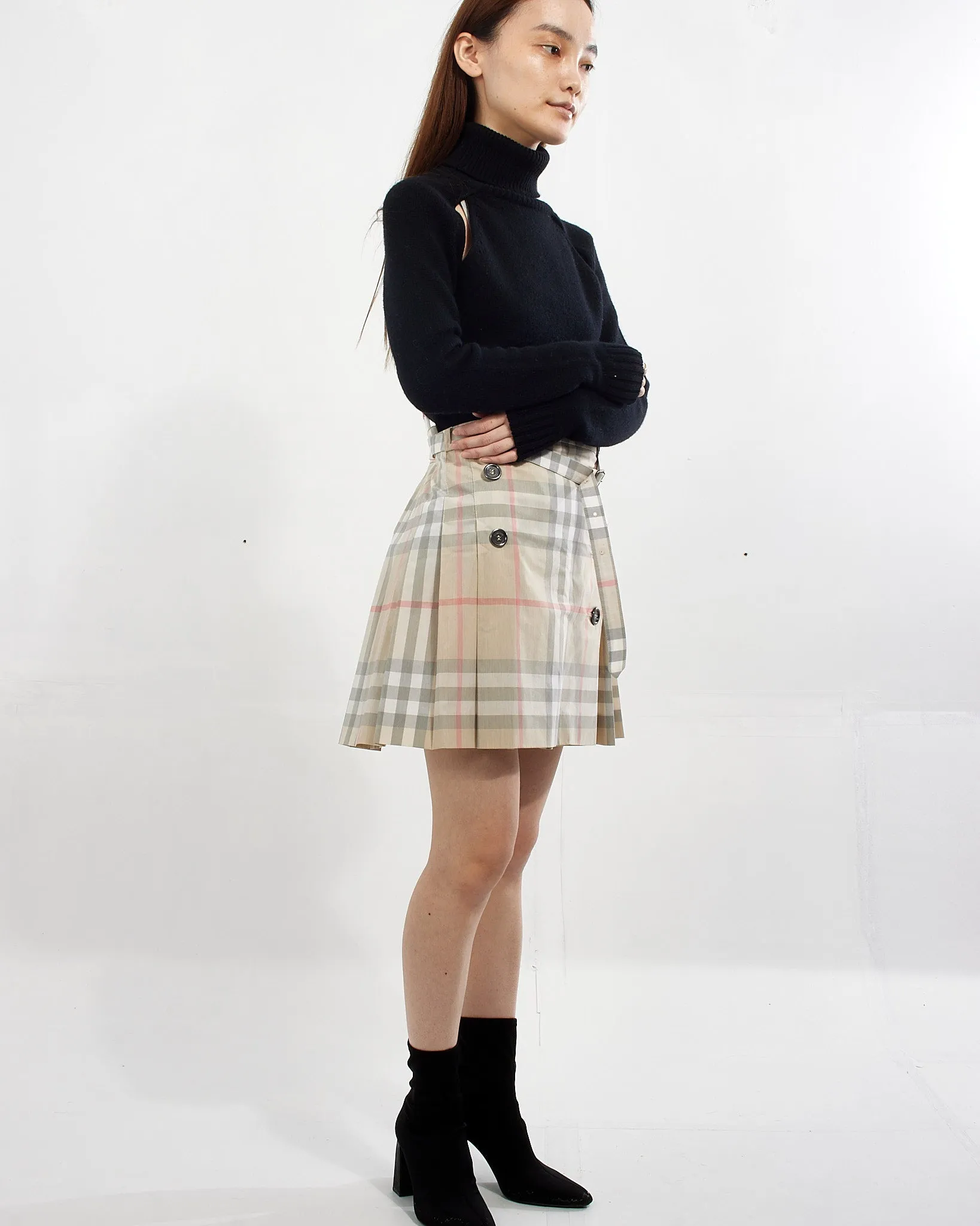 Burberry Light Beige Nova Check Print Pleated Skirt with Buttons - 12