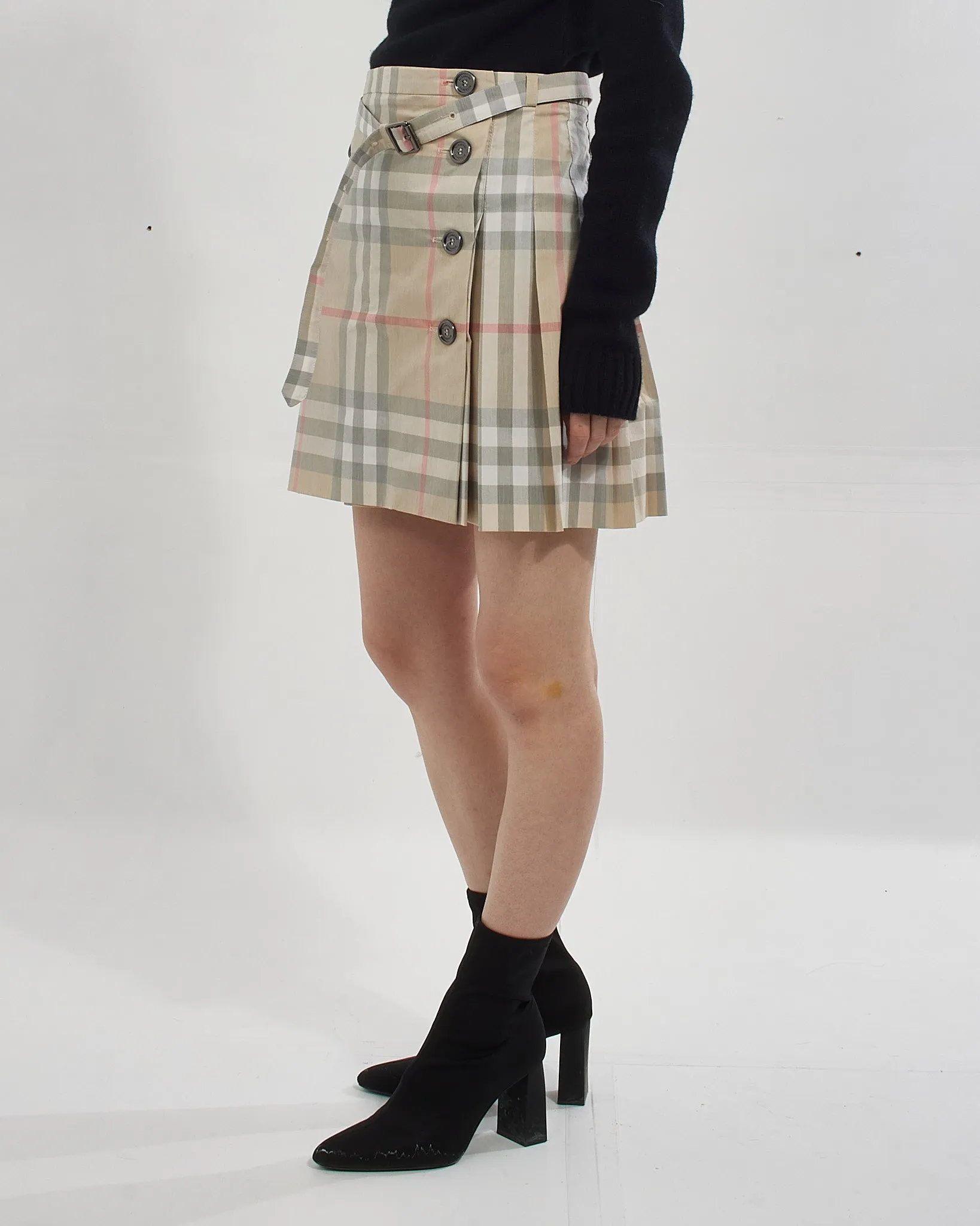 Burberry Light Beige Nova Check Print Pleated Skirt with Buttons - 12