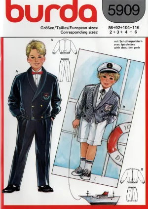 Burda 5909 Toddler Boys Sailor Suit 1980s Vintage Sewing Pattern Sizes 2 - 6 UNCUT Factory Folded