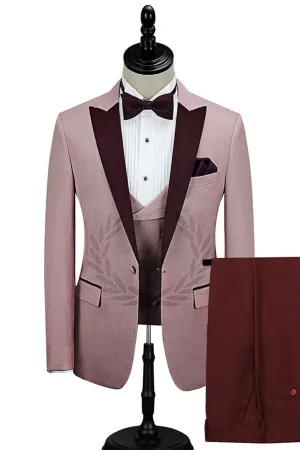 Burgundy Peak Lapel Men Marriage Suits Pricey Pink One Button Wedding Tuxedos