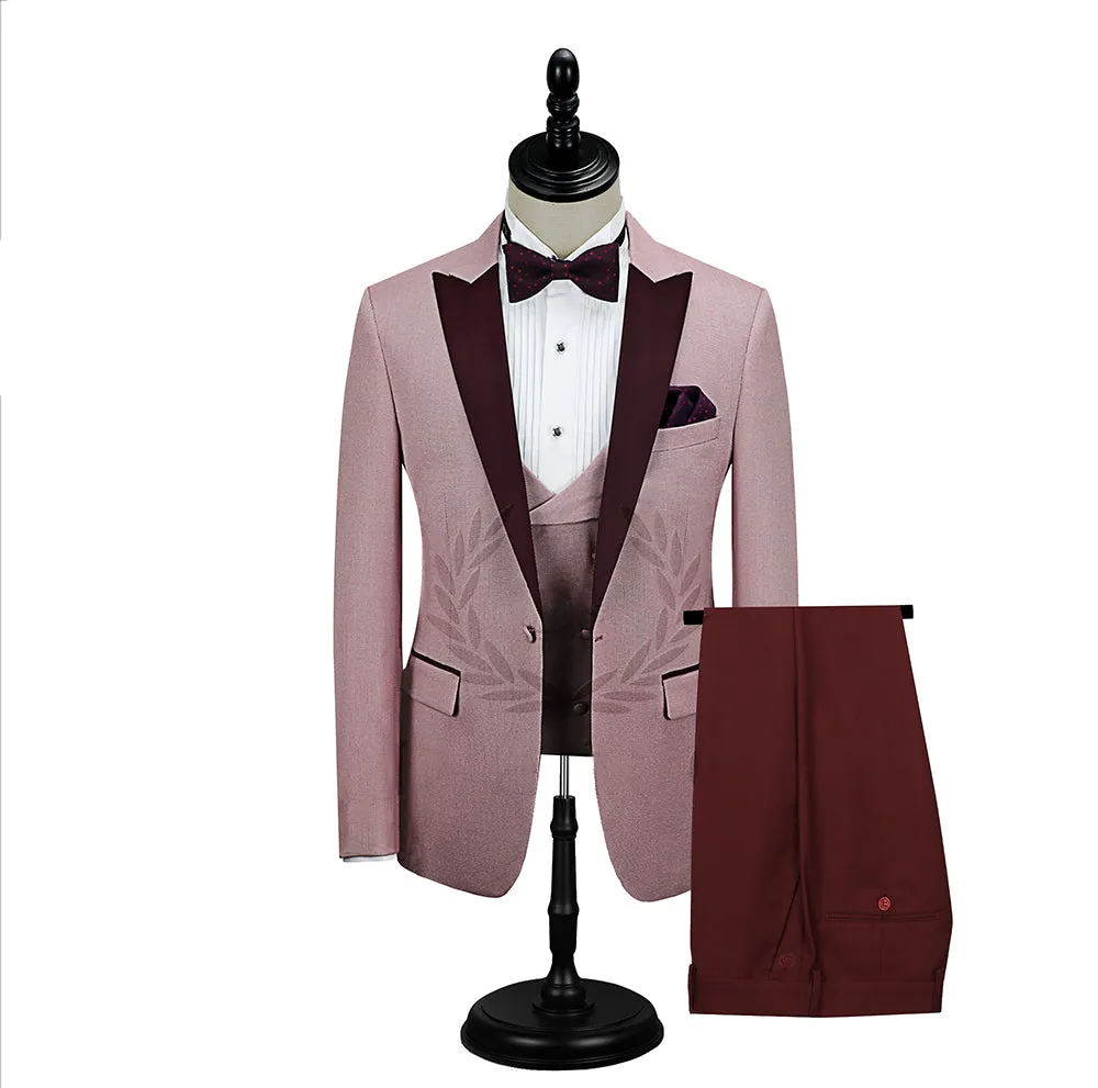 Burgundy Peak Lapel Men Marriage Suits Pricey Pink One Button Wedding Tuxedos